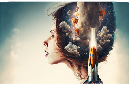 Double exposure woman portrait with space rocket takeoff and launch into sky as creative concept for business startup company symbolizing idea of company skyrocketing to success. Superb Generative AIの素材