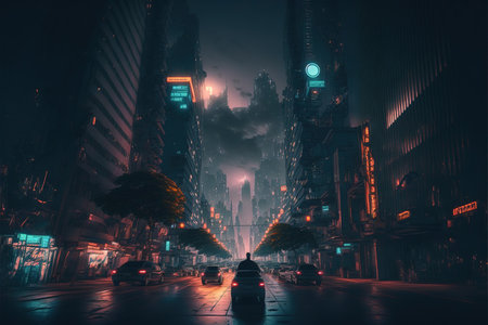 Futuristic cityscape in night time with neon light background like cyberpunk design structure. Megacity or ecumenopolis in future technology design. Superb Generative AIの素材