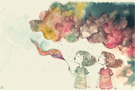 Imagination and artistic ability of children in creative abstract painting with rainbow clouds and sky of. Educational and learning for a child artwork concept. Superb Generative AI.の素材