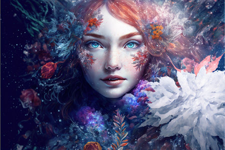 Fantasy winter goddess as spirit of northern pagan as a symbol of both beauty and power in magical design, red hair princess wrapped in a flowing gown of icy blue and white. Superb Generative AIの素材