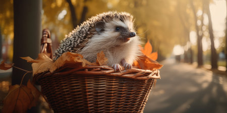 hedgehog have fun bicycle ride on sunshine day in summer on town streetの素材