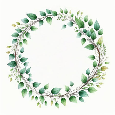Circle frame of green leaves with watercolor painting with watercolor painting isolated on white background. Theme of vintage minimal art design in geometric. Finest generative AI.の素材