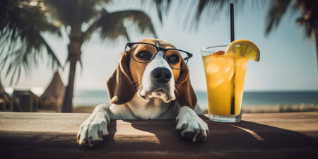 Beagle dog is on summer vacation at seaside resort and relaxing rest on summer beach of Hawaiiの素材