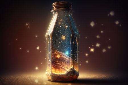 Magic bottle with star and sky inside the bottle. distinct generative AI image.の素材