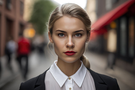 A beautiful young businesswoman portrait, outdoor and woman looking at camera. distinct generative AI image.の素材