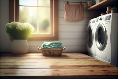 Focus empty wood table in blur laundry and washing machine background. Concept of blank space for advertising product. Finest generative AI.の素材
