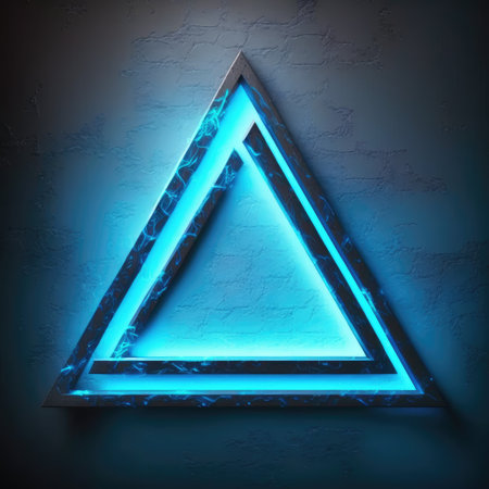 Innovation of triangle border frame with blue neon light effects overlapped geometry in concept. Finest generative AI.の素材