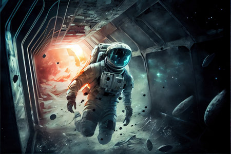 Zero G emergency space evacuation concept, astronaut floating and escaping in futuristic interior of scifi space station or destroyed spaceship. Space rescue team concept. Superb Generative AIの素材