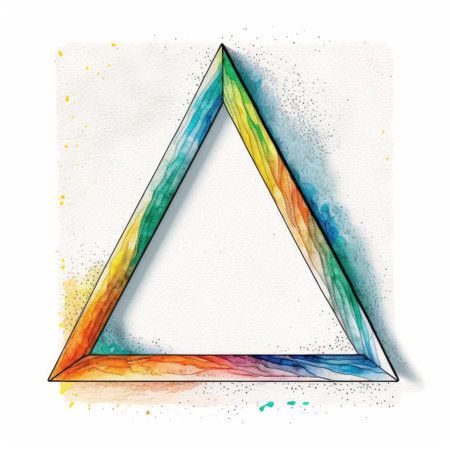 Empty triangle frame on white background. Concept of overlapped mystery colorful watercolor. Finest generative AI.の素材