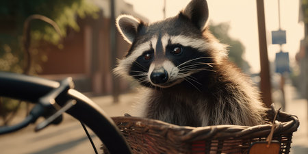 raccoon have fun bicycle ride on sunshine day in summer on town streetの素材
