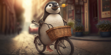 penguin have fun bicycle ride on sunshine day in summer on town streetの素材