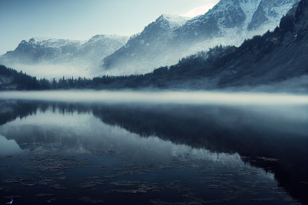 Beautiful scenery mountain landscape and mountain range in background with mist over the large lake. Natural tranquility with alpine concept. Superb Generative AI.の素材