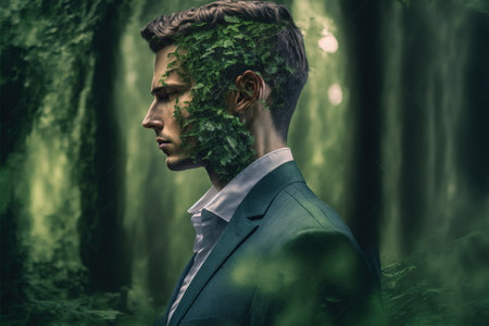 Double exposure portrait of ambitious businessman with wondrous greenery and natural green forest landscape in background as concept of sustainability and natural ecology conservation by Generative AIの素材