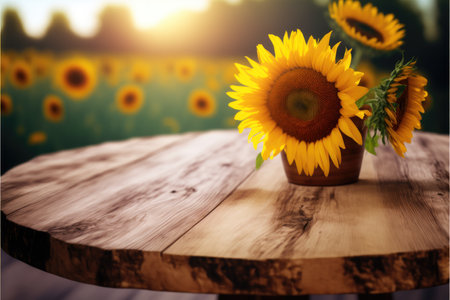 Focus empty wood table with blurred sunflower tree background. Concept of blank space for advertising product. Finest generative AI.の素材