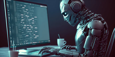 Artificial intelligence robot using computer software for gpt binary coding. distinct generative AI image.の素材