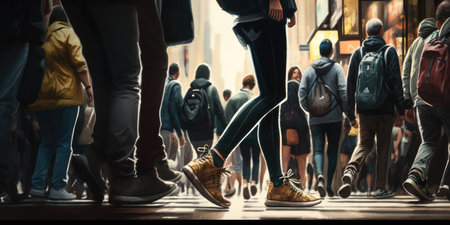 Crowd of people pacing the urban road during crowded rush hour in the city. distinct generative AI image.の素材