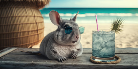 Chinchilla is on summer vacation at seaside resort and relaxing on summer beachの素材
