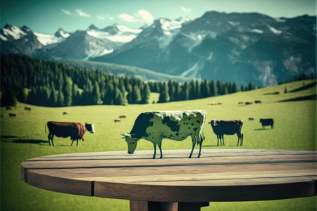 Focus empty wood table with blurred natural tree and cow with meadow background. Concept of blank space for advertising product. Finest generative AI.の素材