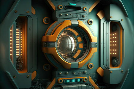 Abstract in futuristic interior architecture of spaceship with power generative technology. Concept of control room with neon color light outer space. Finest generative AI.の素材