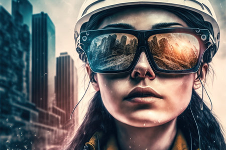 Wondrous portrait of a female engineer in sunglasses with cityscape and construction site reflection, set against a warm sunset background. Modern city living and infrastructure by Generative AIの素材