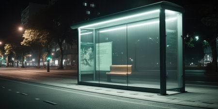 Advertisement billboard mock up display space at bus stop in town street nightの素材