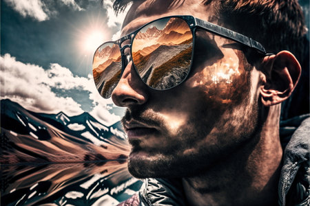 Sunglasses mirrored reflection of the wondrous mountain path and sunny sky portrayed by hiker man in natural adventurous and nature exploring concept by Generative AI.の素材
