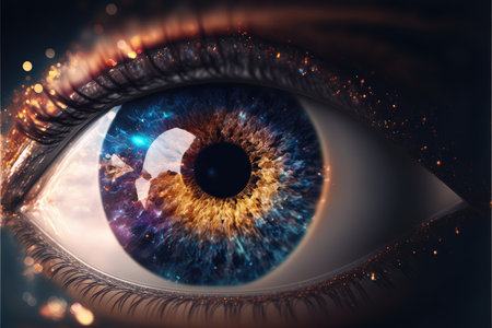 Closeup of macro galaxy in glowing sharp eyesight vision. Concept of outer space in human eye. Finest generative AI.の素材