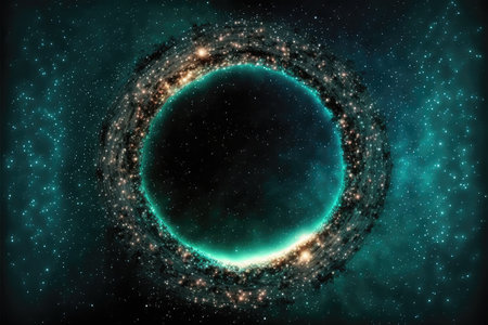 Abstract in glowing neon starlight and particles in circle shape. Concept of fantastic sparkle dust with hole frame in nebula space. Finest generative AI.の素材