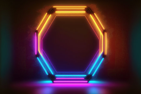 Abstract of neon hexagon shape isolated on space background in reflective colorful spotlight. Theme of lighting frame digital art design innovation. Finest generative AI.の素材