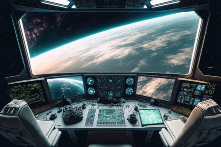 Outer view of spaceship window with control system room. Abstract discover new planet in space. Finest generative AI.の素材