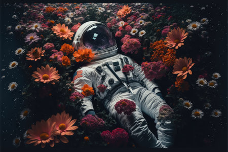 Astronaut laying in the colorful flower garden with top view. Concept of the relaxation in space cinematic fantasy dark light. Finest generative AI.の素材