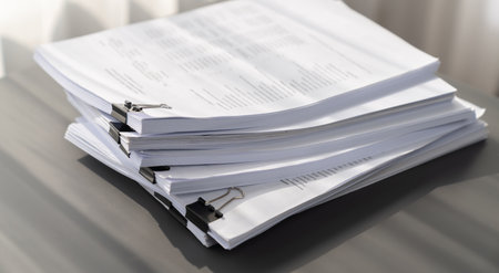 Closeup office table with organized stacked papers, as the concept of organized document management system for busy business reports or legal papers. equilityの写真素材