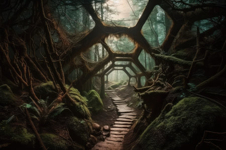 The hidden hexagon tunnel of the mysterious forest. distinct generative AI image.の素材