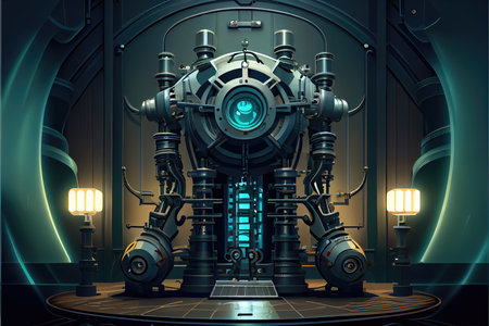 Abstract of steampunk machine in futuristic out space. Concept of energy device reactor electricity. Finest generative AI.の素材