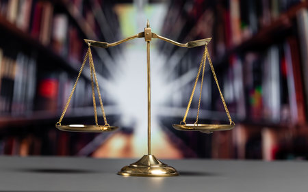 Shiny golden balanced scale in court library background as concept justice and fairness legal symbol. Scale balance for righteous and equality judgment by lawyer and attorney. equilityの写真素材