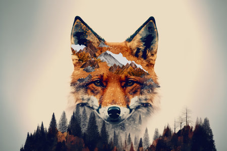 Contemporary abstract artwork double exposure of red fox and forest landscape design, concept of animal and natural wilderness adventure. Superb Generative AI.の素材