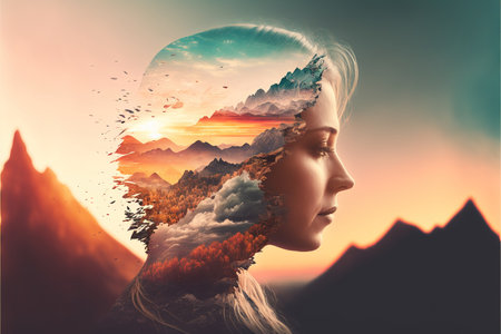 Double exposure image woman portrait with the orange sunset for peaceful mind and psychological concept. Meditative and healthy mental therapy abstract art. Superb Generative AIの素材