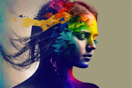 Double exposure woman portrait with vivid rainbow color smoke for positive mindset and creative state of mind and psychology concept. Meditative and mental ability abstract art. Superb Generative AIの素材