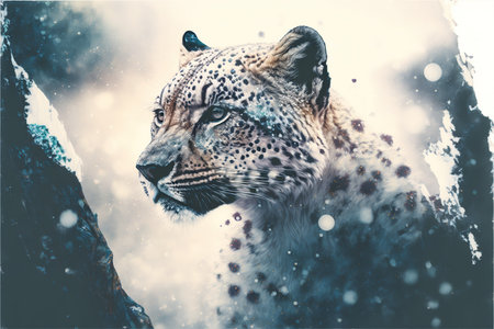 White leopard face in snow winter forest, predator in the wilderness. Creative artwork of wildlife animal. Superb Generative AI.の素材