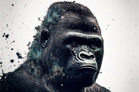 Male gorilla with powerful shoulder and strength with calmly look, large monkey in double exposure with jungle of africa as concept of animal art. Superb Generative AI.の素材