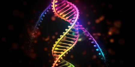 DNA molecule double helix in colorful. distinct generative AI image.の素材