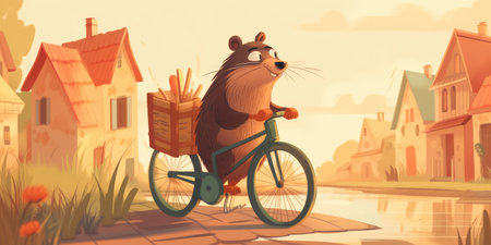 beaver have fun bicycle ride on sunshine day in summer on town streetの素材