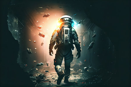 Zero G emergency space evacuation concept, astronaut floating and escaping in futuristic interior of scifi space station or destroyed spaceship. Space rescue team concept. Superb Generative AIの素材