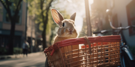 rabbit have fun bicycle ride on sunshine day in summer on town streetの素材