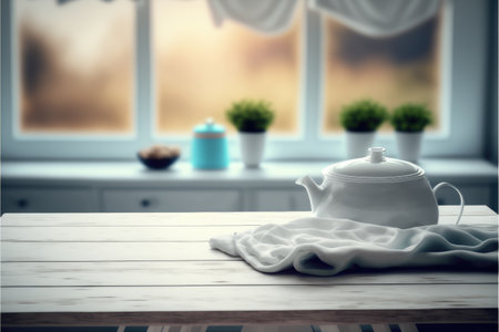 Focus table placing towel in blur laundry and washing machine background. Concept of blank space for advertising product. Finest generative AI.の素材
