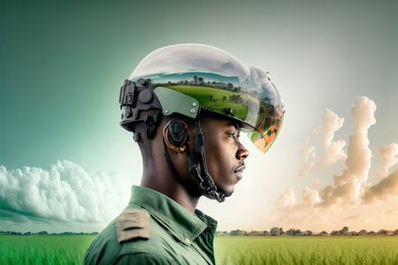 Wondrous double exposure of agronomist wearing hardhat with natural forest landscape and greenery tree as concept of sustainability energy and environmental engineering technology by Generative AI.の素材