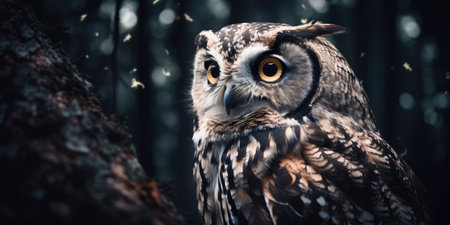 The owl surrounded by forest at night. distinct generative AI image.の素材