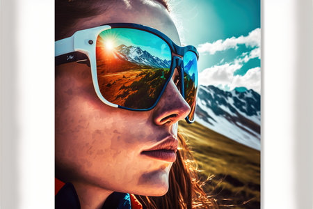 Young female cyclist portrait wearing sunglasses with wondrous reflection of natural environment of mountain landscape and beautiful sky, Fitness and extreme sport in the peak concept Generative AIの素材