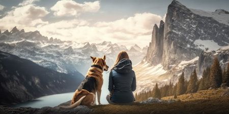 Young beautiful woman enjoy view with her dog during hiking trip in the mountain. distinct generative AI image.の素材