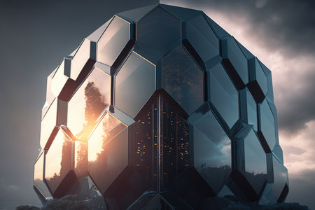 Ultra modern futuristic design of office building with hexagon shape pattern. distinct generative AI image.の素材